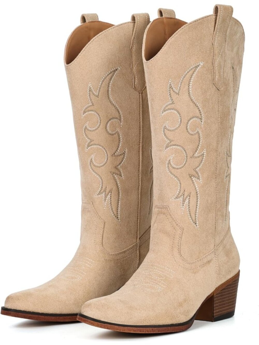 Women’s Camel Suede Western Cowgirl Cowboy Boots Mid-Calf Snip Toe Chunky Heel